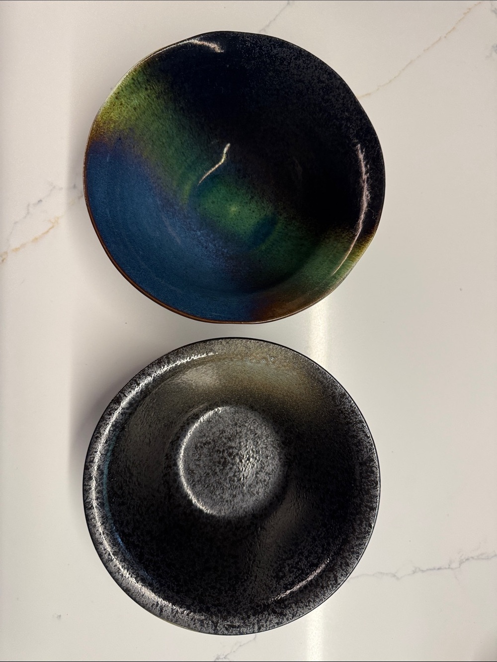 Handcrafted Ceramic Bowls - Iridescent Blue-Green & Charcoal Black